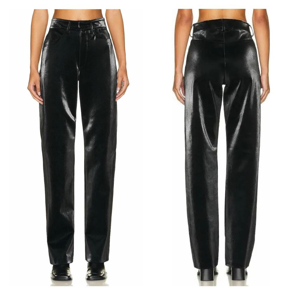 ENZA COSTA Satin Finish Leather Pants Womens 29 Black High Rise Straight Leg NEW
